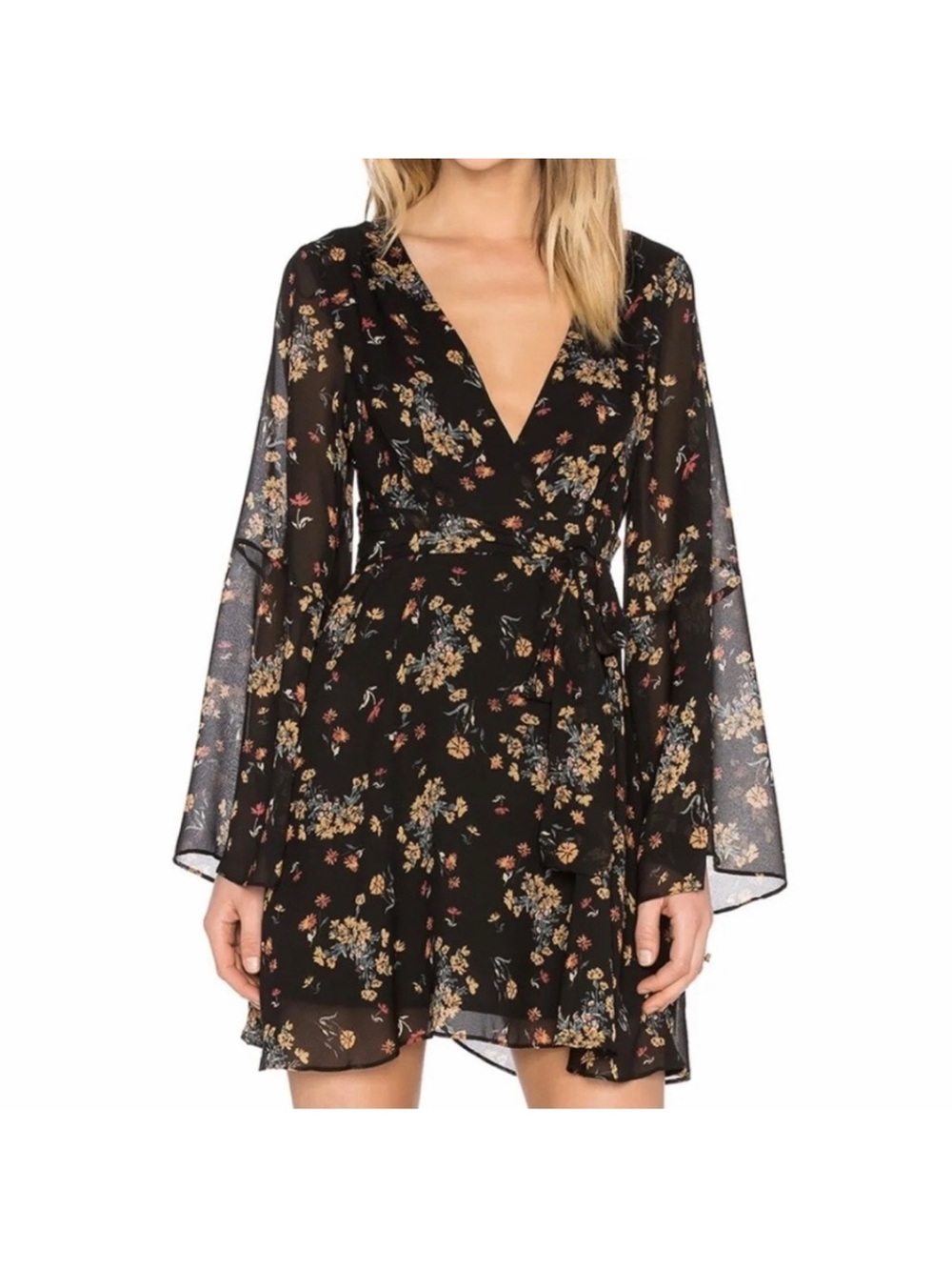 Free People Black Floral Wrap Dress with Belt
